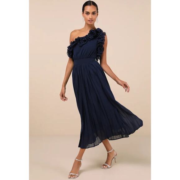 NEW Lulus Splendid Charisma Navy Ruffled Pleated One Shoulder Midi Dress - Picture 3 of 16